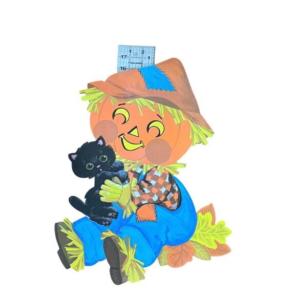 Vintage Halloween Fall Scarecrow Black Cat Die Cut Cardboard 1990s 17" Cute - Picture 3 of 4
